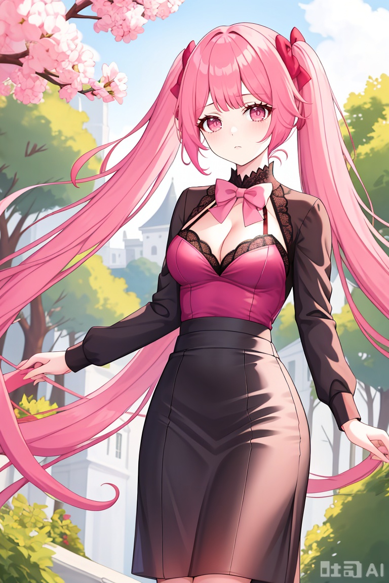 1girl, solo, long hair, breasts, looking at viewer, bangs, long sleeves, bow, cleavage, twintails, medium breasts, very long hair, closed mouth, pink hair, outdoors, alternate costume, bowtie, pink eyes, tree, pink bow, hilda valentine goneril