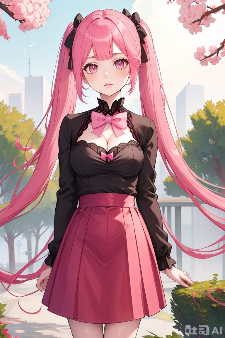 1girl, solo, long hair, breasts, looking at viewer, bangs, long sleeves, bow, cleavage, twintails, medium breasts, very long hair, closed mouth, pink hair, outdoors, alternate costume, bowtie, pink eyes, tree, pink bow, hilda valentine goneril