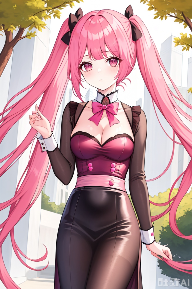 1girl, solo, long hair, breasts, looking at viewer, bangs, long sleeves, bow, cleavage, twintails, medium breasts, very long hair, closed mouth, pink hair, outdoors, alternate costume, bowtie, pink eyes, tree, pink bow, hilda valentine goneril