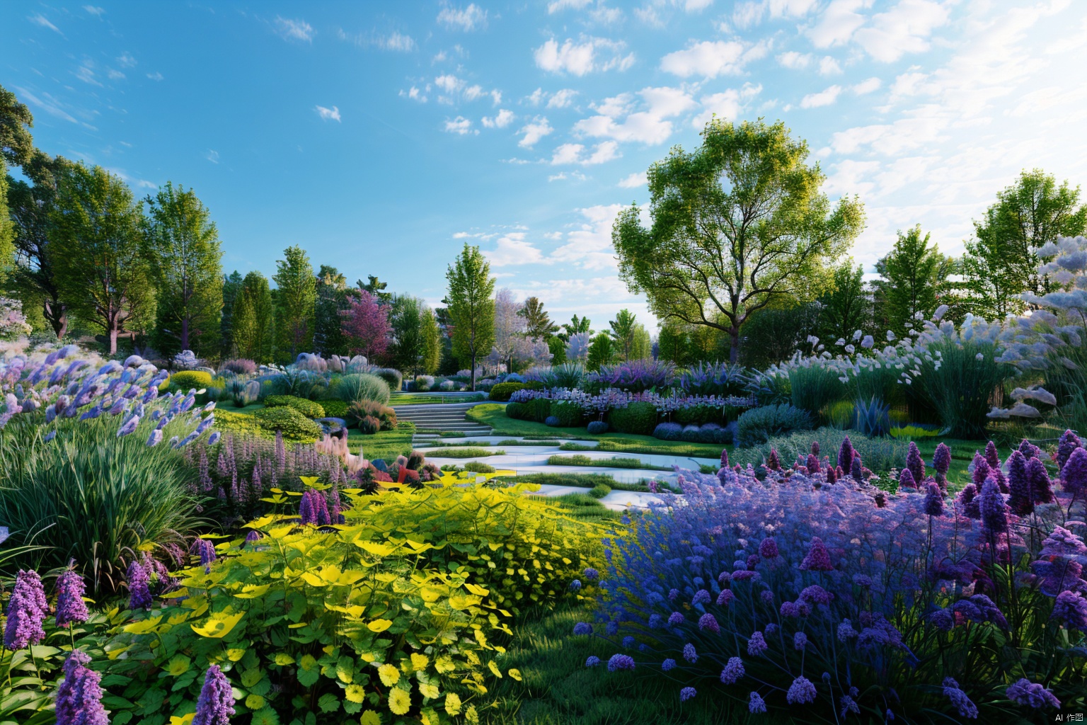  masterpiece,best quality, bwg, garden, path，road,tree,purple flowers,building