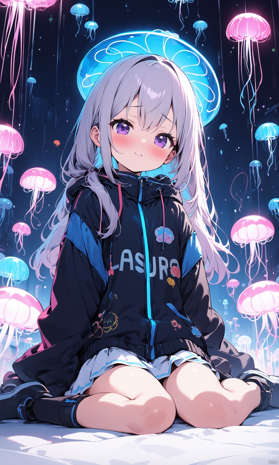  (masterpiece), (best quality), loli,glowing jellyfish neon light, 1girl, sitting, wariza, (cute illustration:1.2), absurd-resolution, ultra-detailed, best quality,,,