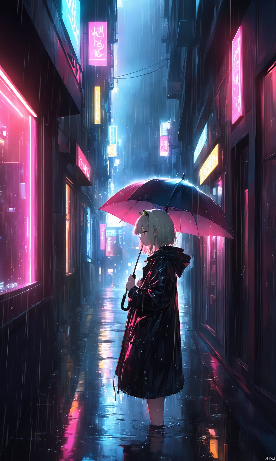  (masterpiece),(best quality),illustration,ultra_detailed,hdr,Depth_of_field,(colorful),loli,kal'tsit (arknights),blurry, blurry foreground,dark environment\\uff0c art style,Rainwater on clothes, raindrops falling on the body,from side,1girl,{{black raincoat}},outside,upper body,solo,Streets, streetlights, neon lights, reflected lights, plastic umbrellas, light reflected from umbrellas,wet clothes,rainning outside,overcast sky,neon lights, lights, cyberpunk, windows, reflections, reflections,Neon lights outside the window, raindrops hitting the window at night,
