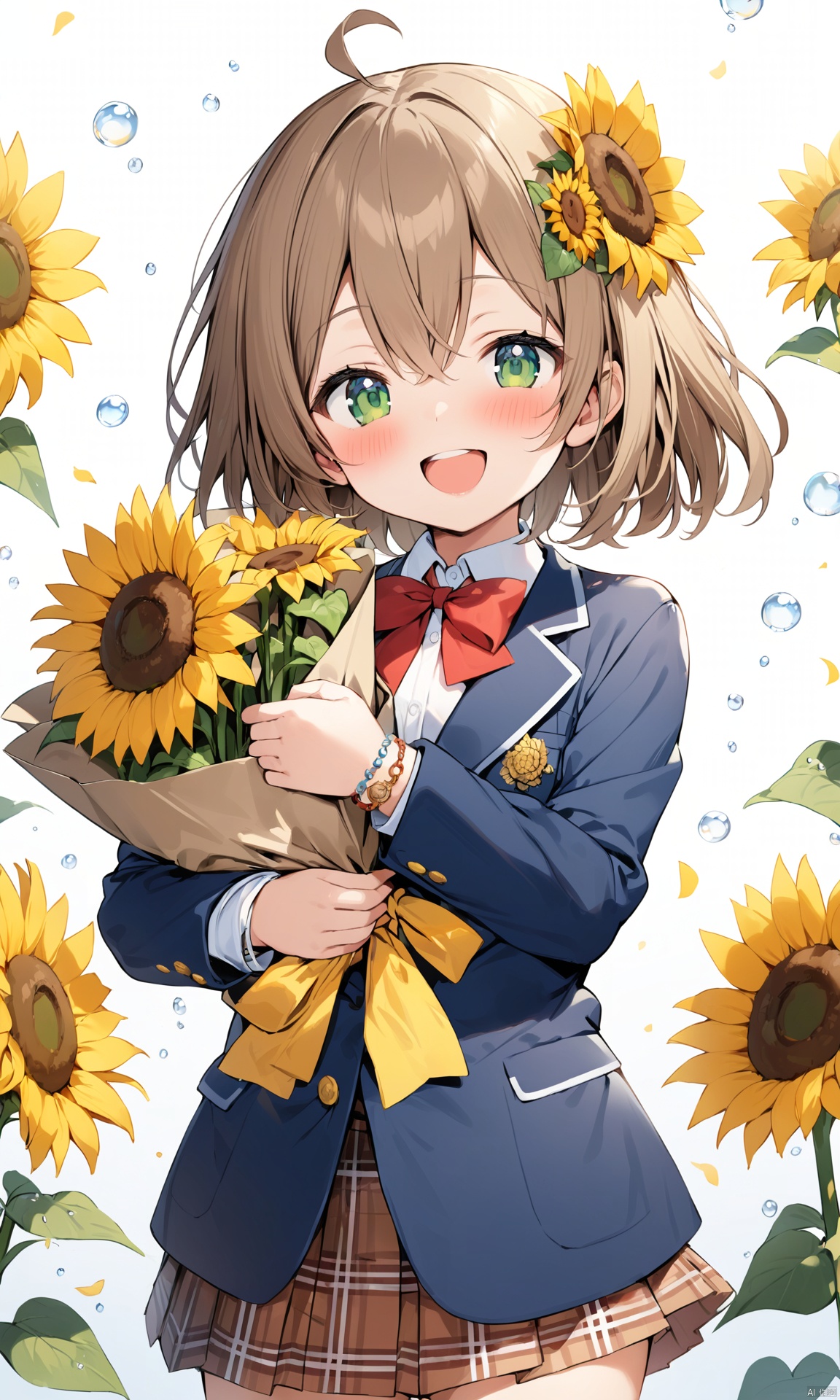  (masterpiece), (best quality), loli,1girl, flower, sunflower, virtual youtuber, green eyes, solo, hair flower, hair ornament, ahoge, smile, yellow flower, jacket, open mouth, sunflower hair ornament, shirt, bangs, looking at viewer, white shirt, holding, :d, upper teeth only, collared shirt, bow, brown hair, blue jacket, skirt, bubble, long sleeves, teeth, red bow, plaid, plaid skirt, blush, blazer, school uniform, bouquet, upper body, hair between eyes, bracelet, bowtie, pleated skirt, object hug, jewelry, short hair, red bowtie
