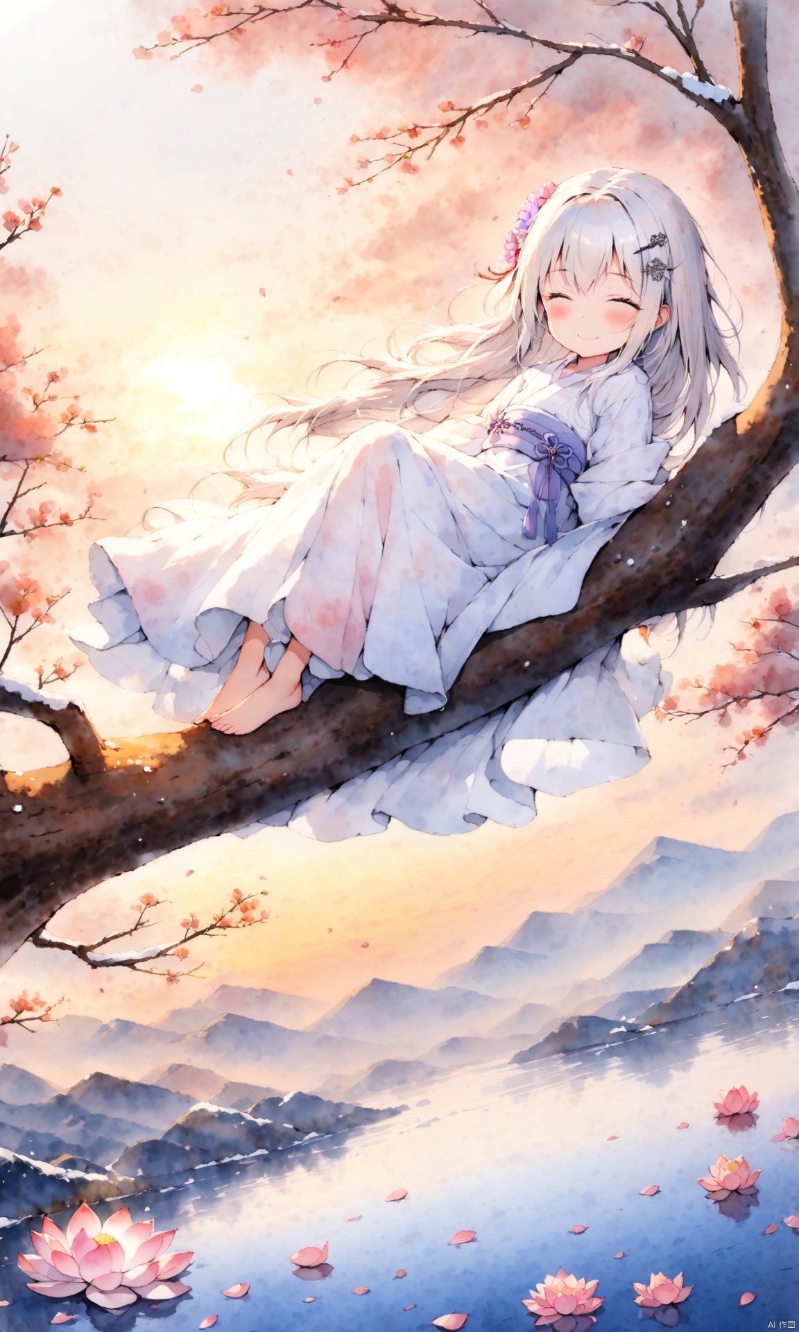 (masterpiece), (best quality), illustration, ultra_detailed, hdr, Depth_of_field, (colorful), loli, highres, original, (watercolor \(medium\):1.3), (depth of field:1.4), dutch angle, dynamic angle, (on branch), (1girl:1.15), (full body), (lying:1.25), immortal, (female focus), adut female, solo, (lazy smile:1.2), looking at viewer, (very long white hair:1.25), hair flower, (hairpin), white hanfu, sleepy, (barefoot:1.2), (Detailed toes) // cloudy, Cirrocumulus, mountains, lake, (snow:1.15), chinese trees, branch, plum blossom, lotus, petals, sunset, in lotus blossom // color splashing, prismatic, iridescent,