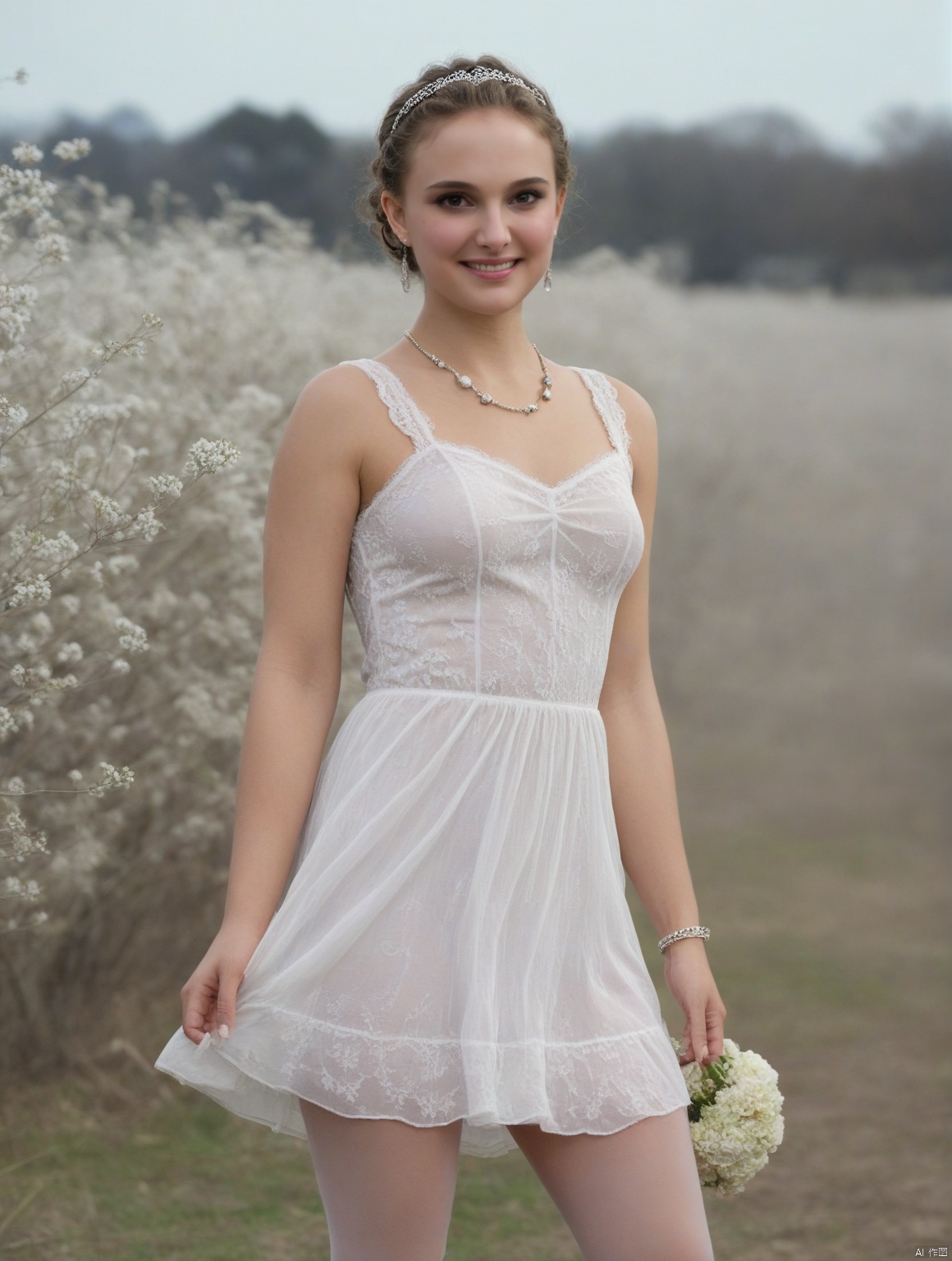  (((full body))), Realistic, masterpiece, highest quality, high resolution, extreme details, 1 girl, solo, bun, headdress, delicate eyes, beautiful face, shallow smile, delicate necklace, suspender dress, white lace dress, light gauze, snow-white skin, delicate skin texture, silver bracelet, pantyhose, high heels, elegant standing, outdoor, blue sky, white clouds, flowers, flowers, grass, movie light, light, light tracking, (Nikon AF-S 105mm f / 1.4E ED), MAJICMIX STYLE, Natalie Portman