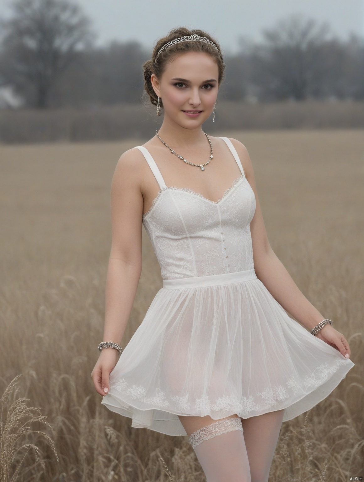  (((full body))), Realistic, masterpiece, highest quality, high resolution, extreme details, 1 girl, solo, bun, headdress, delicate eyes, beautiful face, shallow smile, delicate necklace, suspender dress, white lace dress, light gauze, snow-white skin, delicate skin texture, silver bracelet, pantyhose, high heels, elegant standing, outdoor, blue sky, white clouds, flowers, flowers, grass, movie light, light, light tracking, (Nikon AF-S 105mm f / 1.4E ED), MAJICMIX STYLE, Natalie Portman