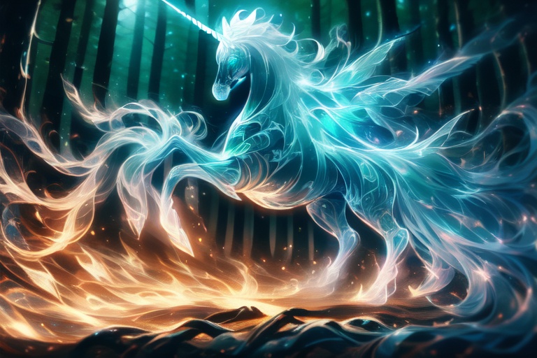 Unicorn in dark forest,  shimmering light shining ,  the body was full of zen tangles patterns on Tensor.Art