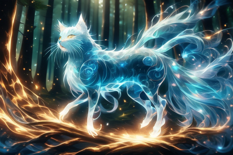 9 tails cat in dark forest,  shimmering light shining ,  the body was full of zen tangles patterns on Tensor.Art
