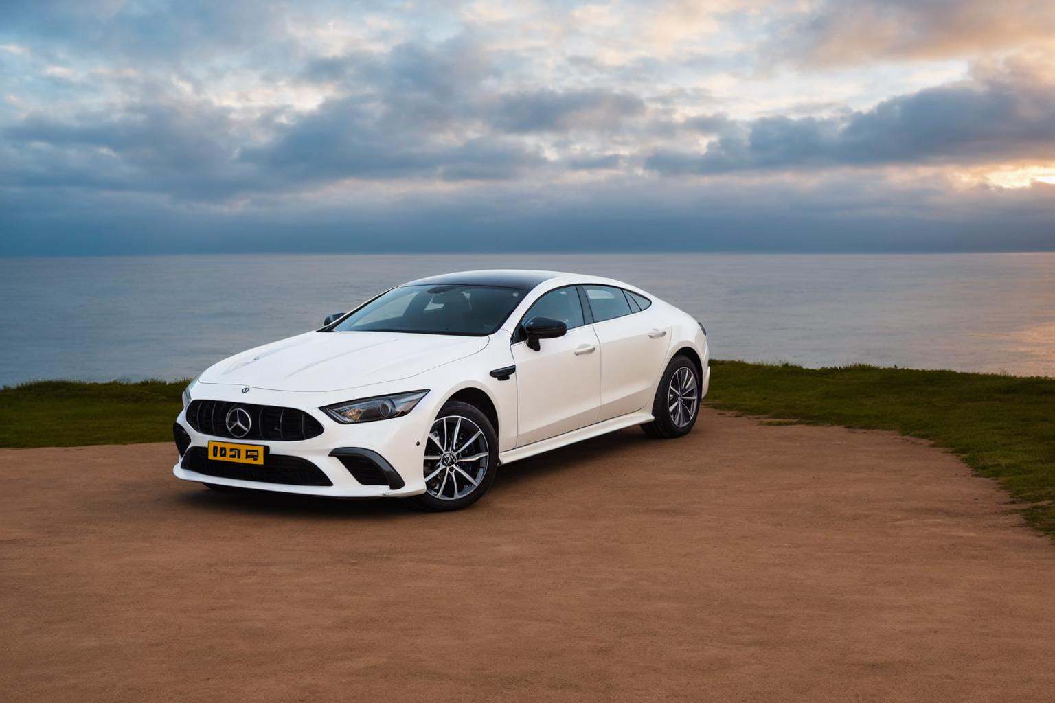 white car,vehicle focus,no humans,sports car,outdoors,cloudy sky,sunset,(night:1.1),(sea:1.2),<lora:amggt_20240204173611-000003:0.9>,front view
