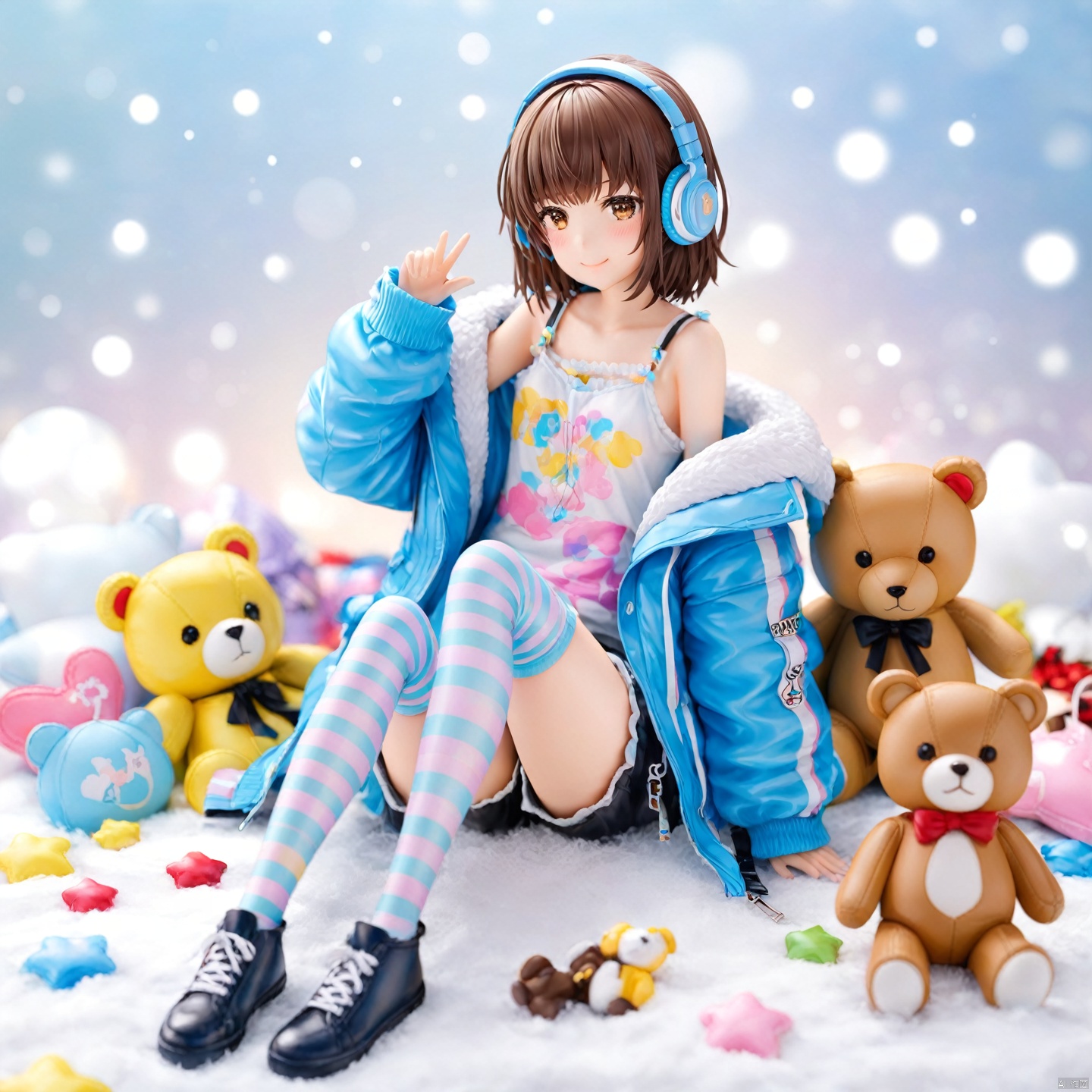 (masterpiece), (best quality), illustration, ultra detailed, hdr, Depth of field, (colorful), illustration, ultra detailed, hdr, Depth of field, (colorful), PVC, loli, 1girl, solo, looking at viewer, blush, smile, bangs, simple background, brown hair, shirt, thighhighs, long sleeves, white background, bare shoulders, brown eyes, sitting, closed mouth, collarbone, jacket, full body, thighs, open clothes, shorts, sleeveless, striped, hand up, medium hair, off shoulder, feet, white thighhighs, open jacket, fur trim, short shorts, headphones, no shoes, black shorts, stuffed toy, stuffed animal, blue jacket, camisole, teddy bear, striped shirt, fur-trimmed jacket,
