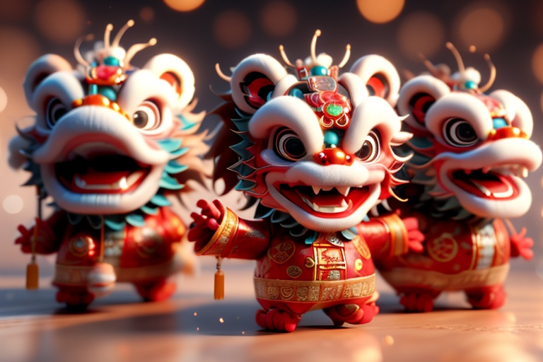 chinese girl singing with happy face ,  normal girl background with lion dance ,  chinese cute version.3D model. on Tensor...