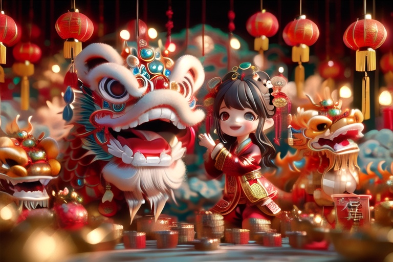 chinese girl singing with happy face ,  normal girl background with lion dance ,  Chinese dragon new year on Tensor.Art