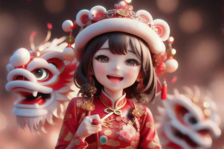 chinese girl singing with happy face ,  normal girl background with lion dance ,  chinese on Tensor.Art