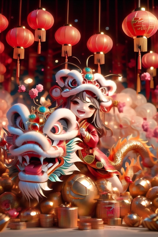 chinese girl singing with happy face ,  hand-over ceremony background with lion dance ,  Chinese dragon new year on Tensor...