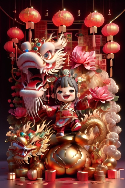 chinese baby girl singing with happy face ,  chinese greetings hand gestures background with lotus,  Chinese dragon new ye...