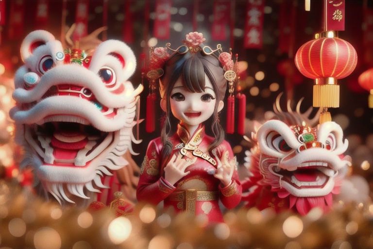 chinese girl singing with happy face ,  normal girl background with lion dance ,  Chinese dragon new year on Tensor.Art