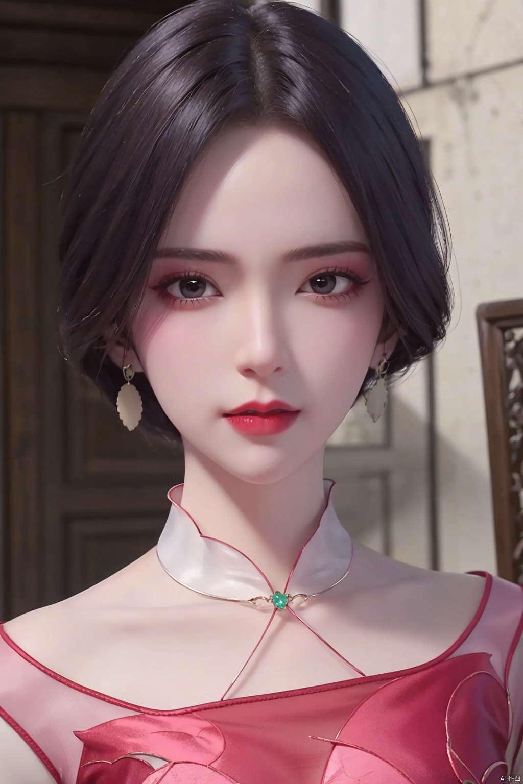  1girl
￼
solo
￼
looking at viewer
￼
short hair
￼
black hair
￼
brown eyes
￼
jewelry
￼
earrings
￼
black eyes
￼
lips
￼
makeup
￼
lipstick
￼
letterboxed
￼
red lips
￼
