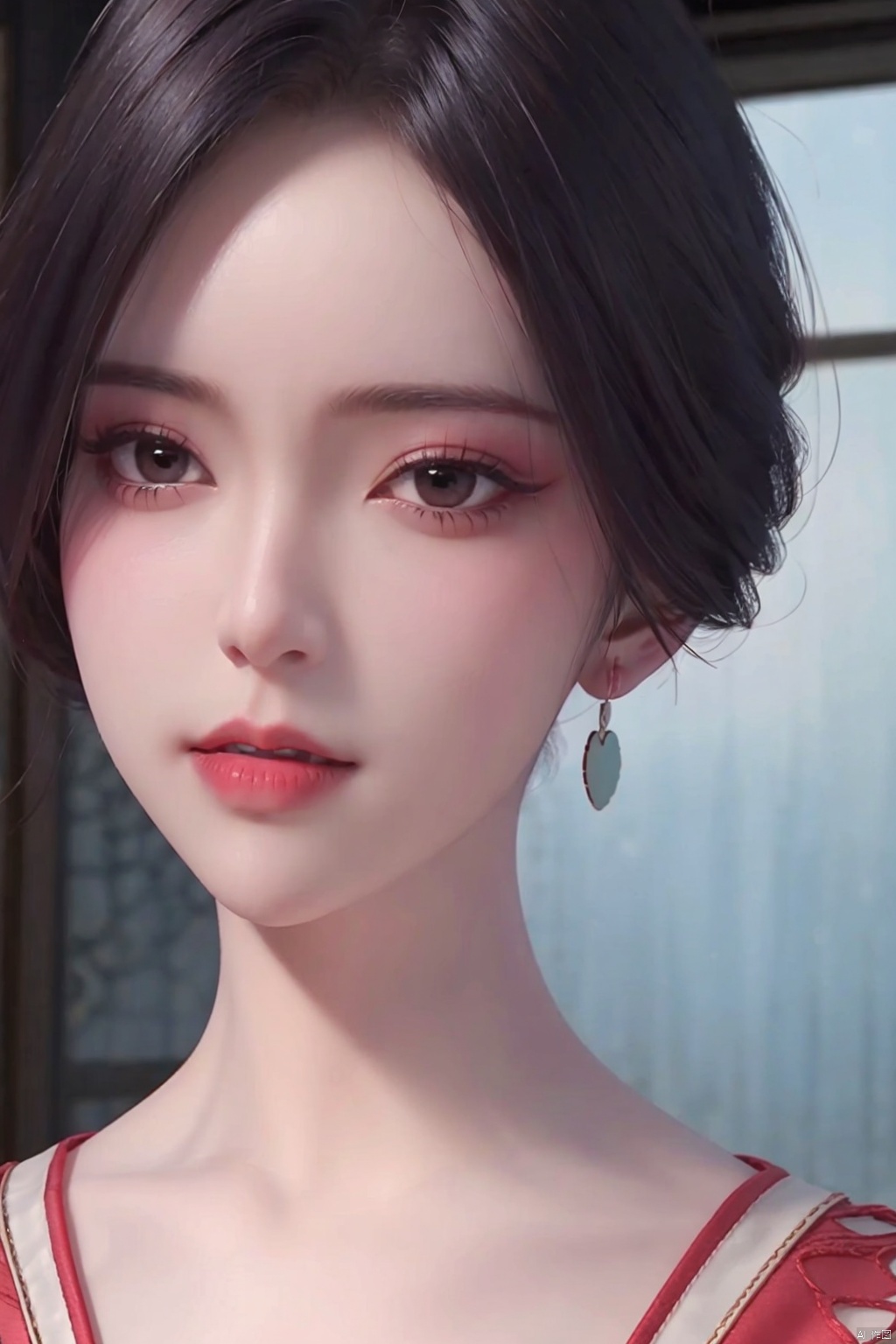  1girl
￼
solo
￼
looking at viewer
￼
short hair
￼
black hair
￼
brown eyes
￼
jewelry
￼
earrings
￼
black eyes
￼
lips
￼
makeup
￼
lipstick
￼
letterboxed
￼
red lips
￼
