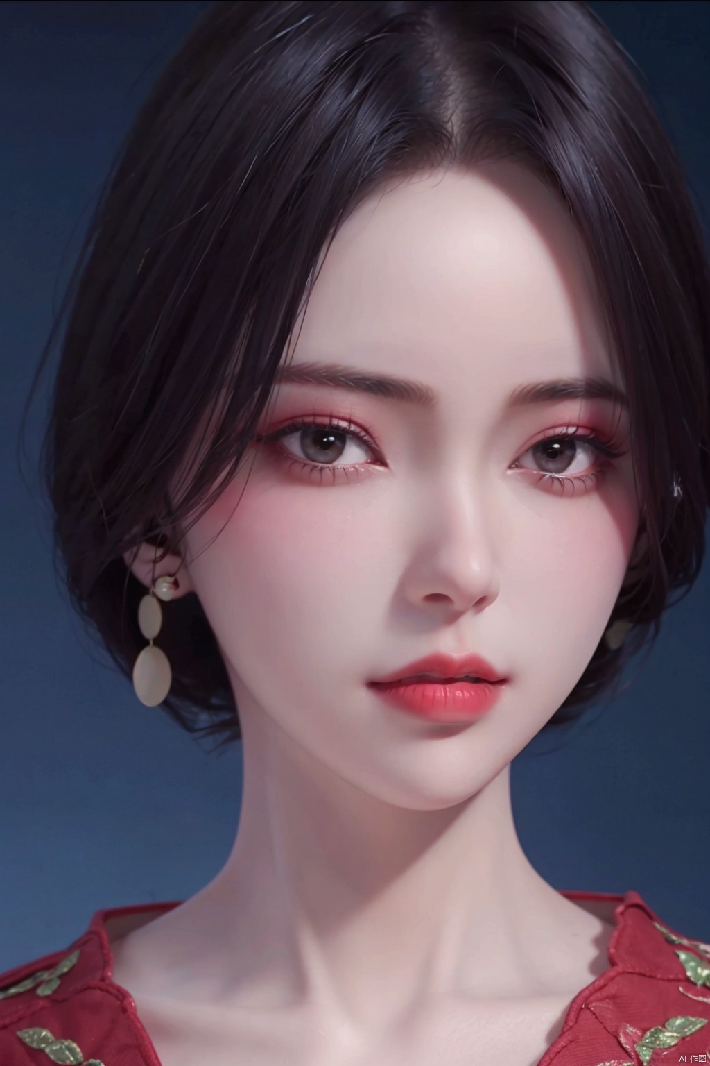  1girl
￼
solo
￼
looking at viewer
￼
short hair
￼
black hair
￼
brown eyes
￼
jewelry
￼
earrings
￼
black eyes
￼
lips
￼
makeup
￼
lipstick
￼
letterboxed
￼
red lips
￼
