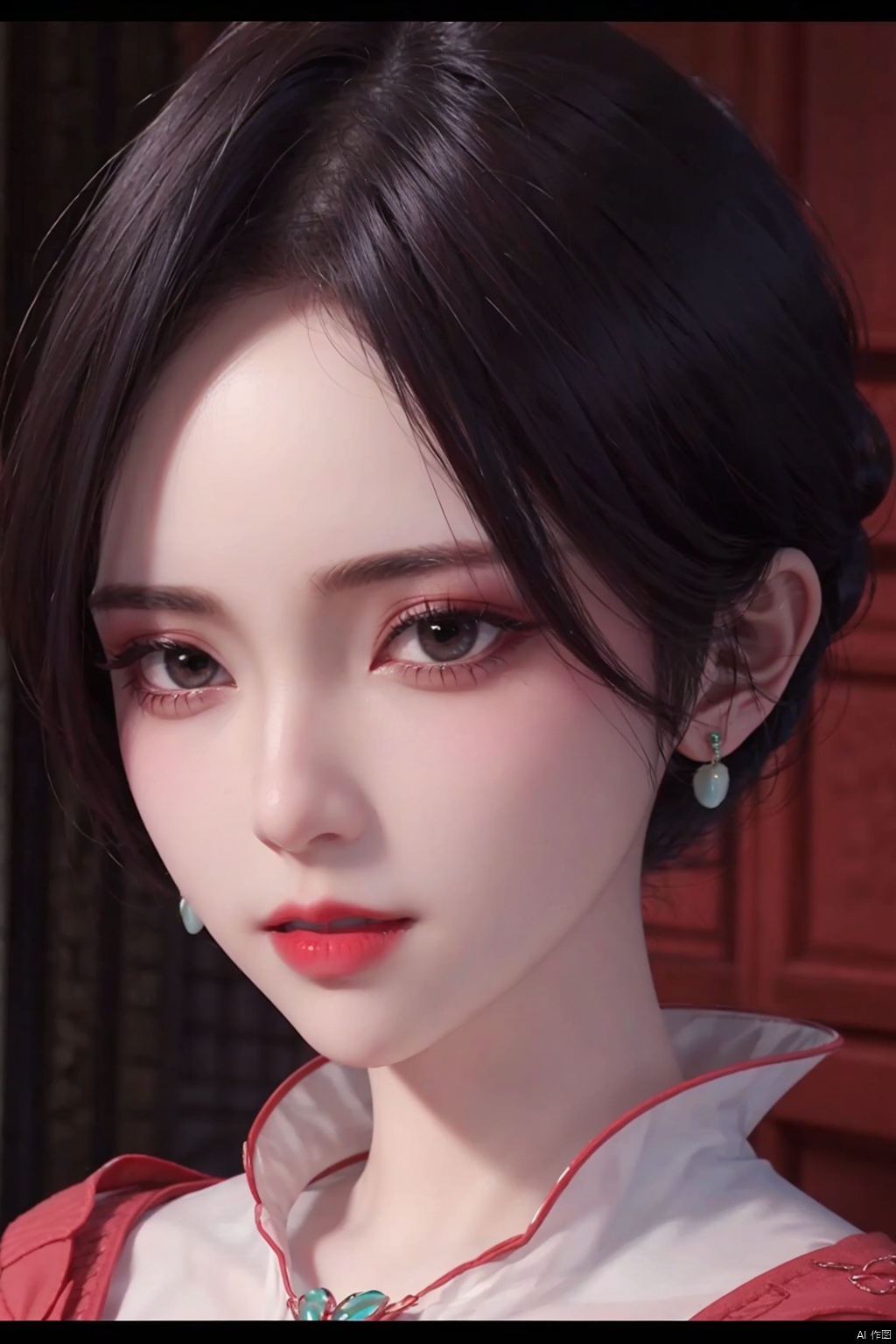  1girl
￼
solo
￼
looking at viewer
￼
short hair
￼
black hair
￼
brown eyes
￼
jewelry
￼
earrings
￼
black eyes
￼
lips
￼
makeup
￼
lipstick
￼
letterboxed
￼
red lips
￼
