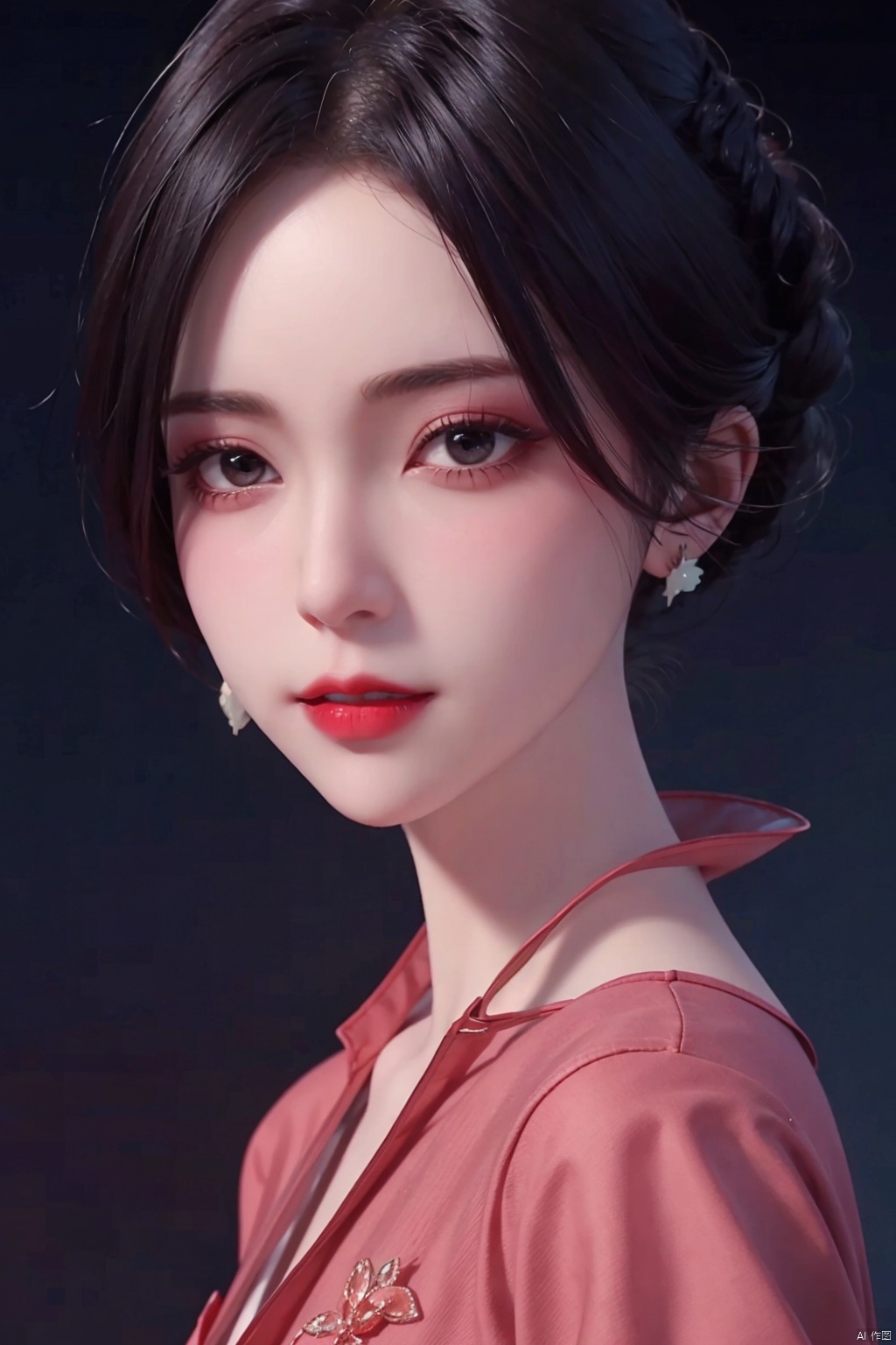  1girl
￼
solo
￼
looking at viewer
￼
short hair
￼
black hair
￼
brown eyes
￼
jewelry
￼
earrings
￼
black eyes
￼
lips
￼
makeup
￼
lipstick
￼
letterboxed
￼
red lips
￼
