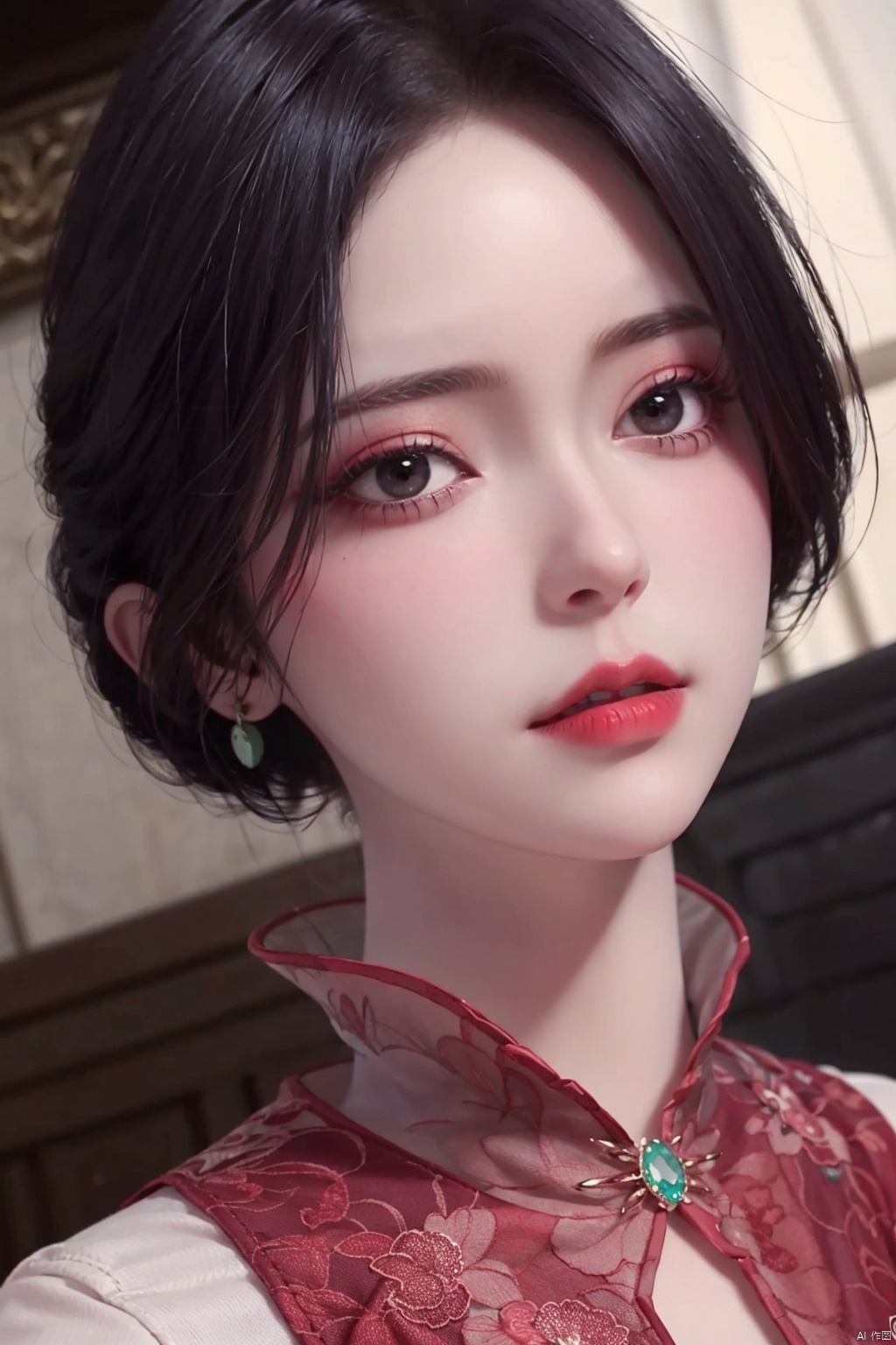  1girl
￼
solo
￼
looking at viewer
￼
short hair
￼
black hair
￼
brown eyes
￼
jewelry
￼
earrings
￼
black eyes
￼
lips
￼
makeup
￼
lipstick
￼
letterboxed
￼
red lips
￼

