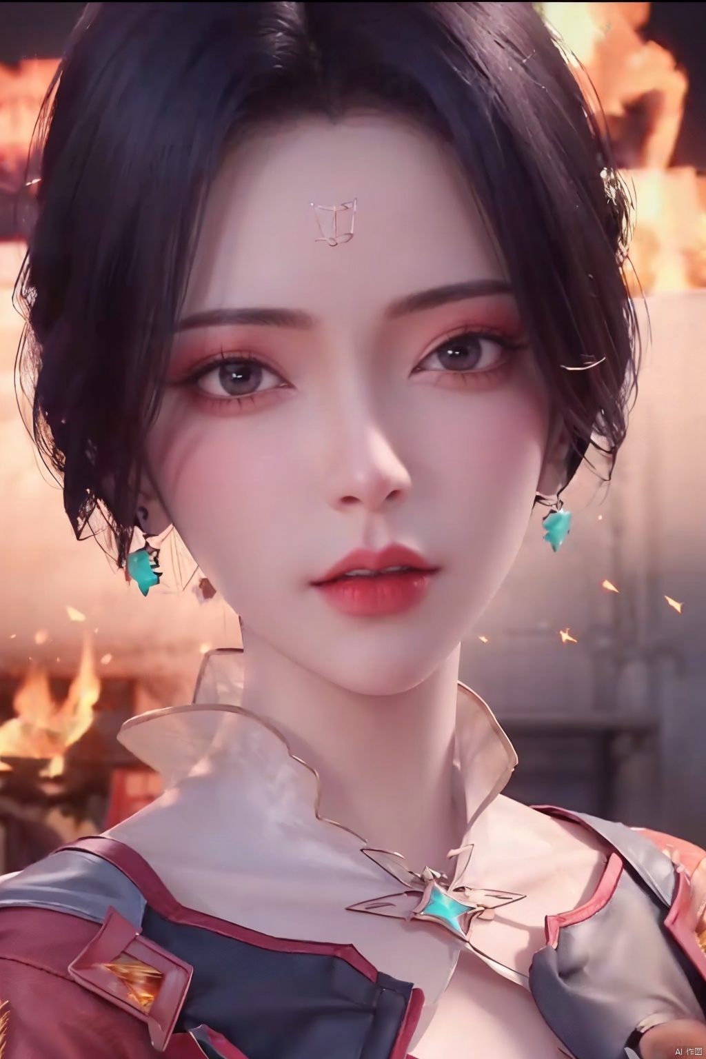 girl ￼ solo ￼ looking at viewer ￼ short hair ￼ black hair ￼ brown eyes ￼ jewelry ￼ earrings ￼ black eyes ￼ lips ￼ makeup ￼ lipstick ￼ letterboxed ￼ red lips ￼, yx-hd,(flame-spark:1.4),(derss)