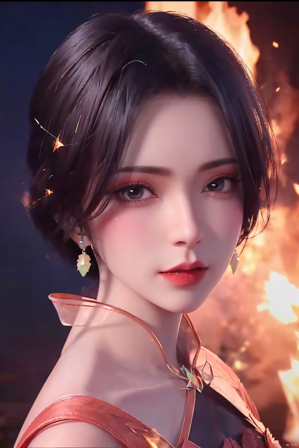 girl ￼ solo ￼ looking at viewer ￼ short hair ￼ black hair ￼ brown eyes ￼ jewelry ￼ earrings ￼ black eyes ￼ lips ￼ makeup ￼ lipstick ￼ letterboxed ￼ red lips ￼, yx-hd,(flame-spark:1.4),(derss)