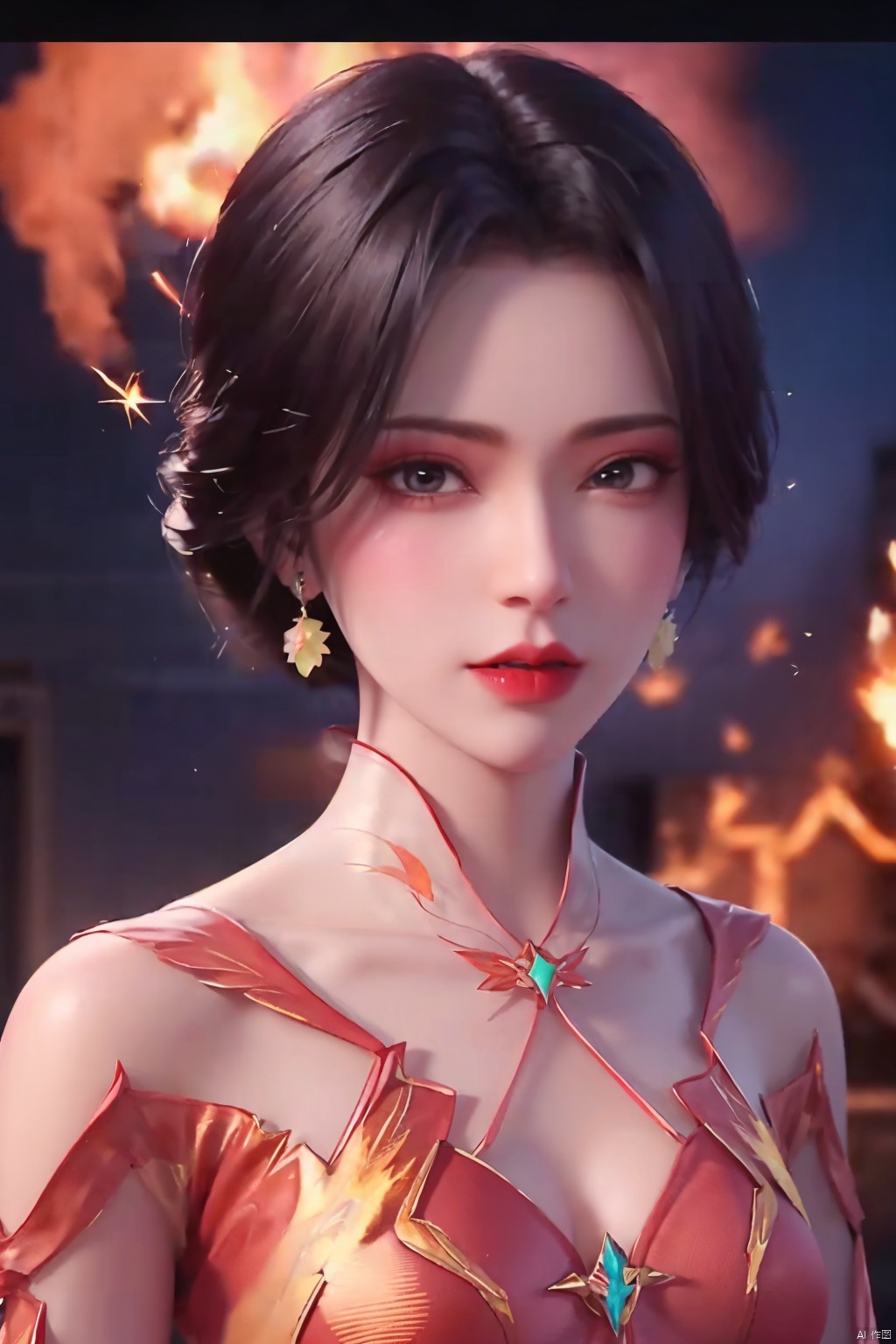 girl ￼ solo ￼ looking at viewer ￼ short hair ￼ black hair ￼ brown eyes ￼ jewelry ￼ earrings ￼ black eyes ￼ lips ￼ makeup ￼ lipstick ￼ letterboxed ￼ red lips ￼, yx-hd,(flame-spark:1.4),(derss)