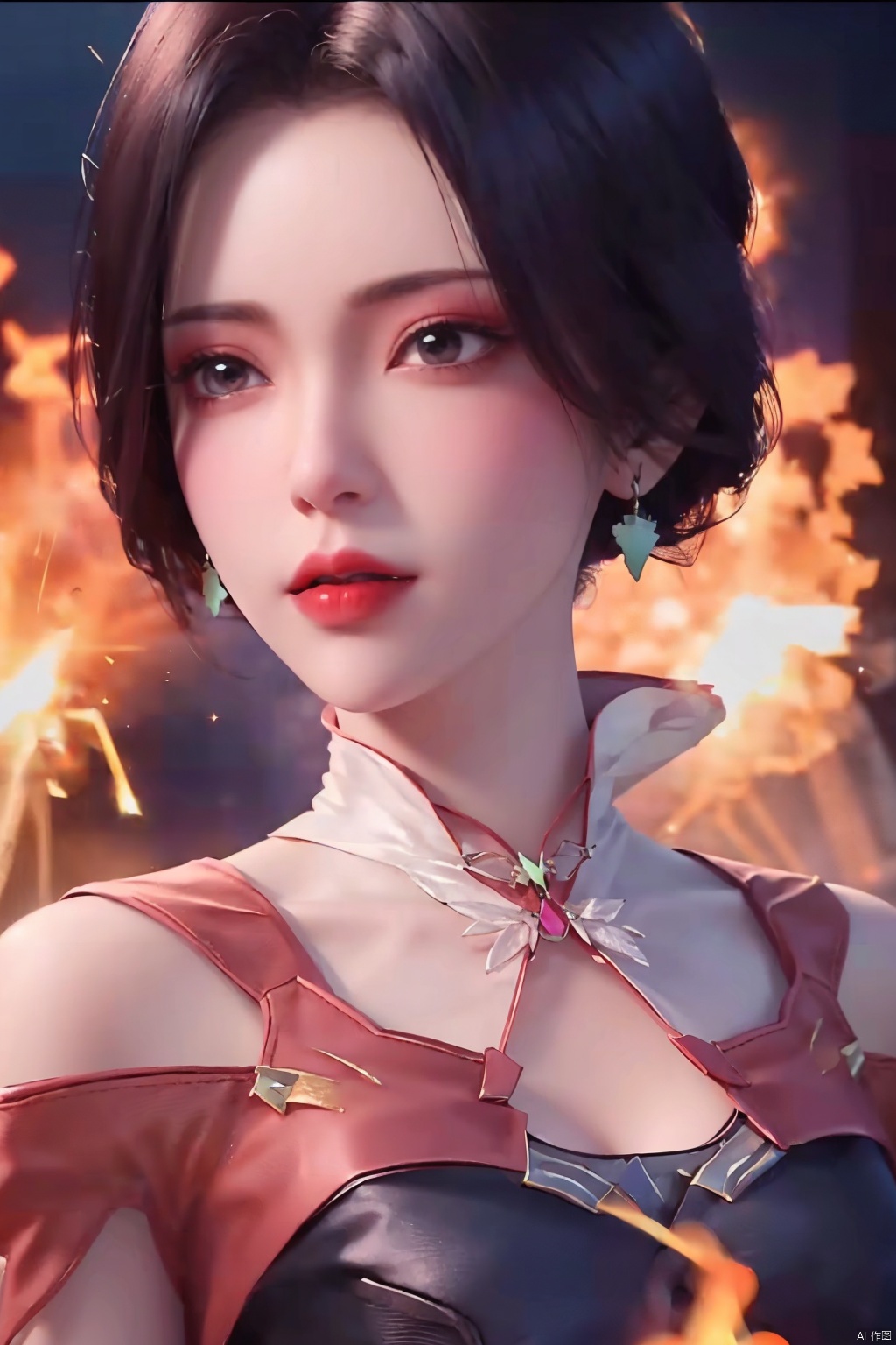 girl ￼ solo ￼ looking at viewer ￼ short hair ￼ black hair ￼ brown eyes ￼ jewelry ￼ earrings ￼ black eyes ￼ lips ￼ makeup ￼ lipstick ￼ letterboxed ￼ red lips ￼, yx-hd,(flame-spark:1.4),(derss)