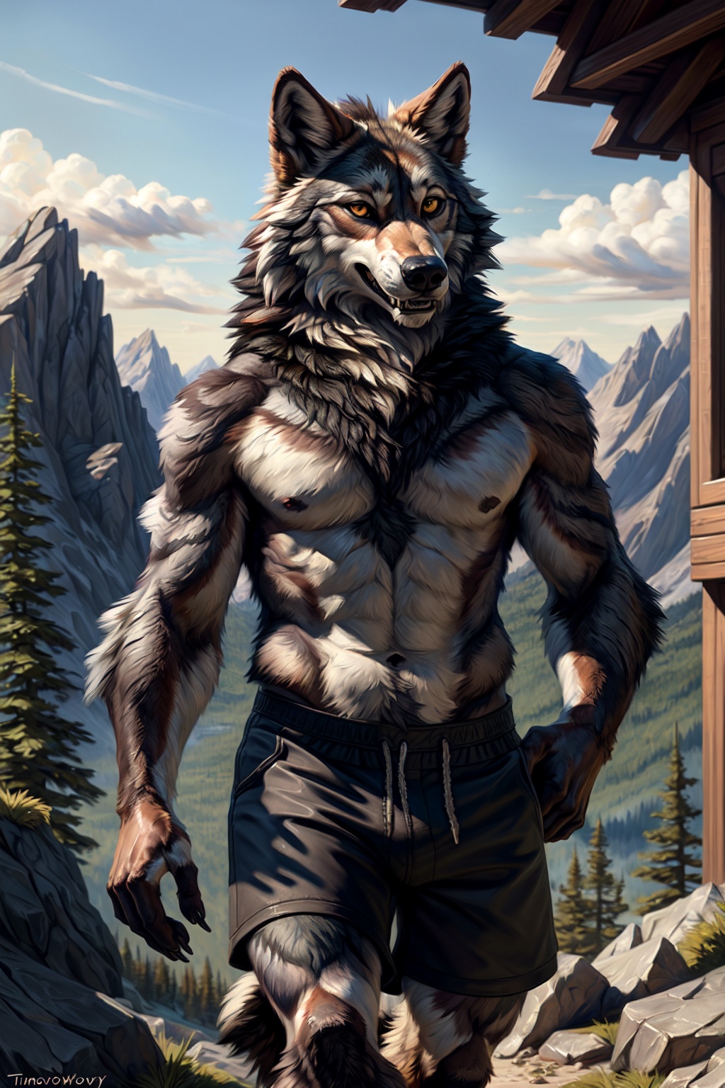 a detailed portrait of a majestic fluffy male ((timberwolf)),  ((fluffy detailed fur)) ,  shorts on Tensor.Art