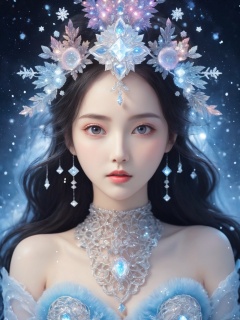  （Nice, bright, big eyes）,The entire galaxy inside of the goddess of winter, a soft aura surrounding the goddess of winter, flat illustration style, diamond lights everywhere,