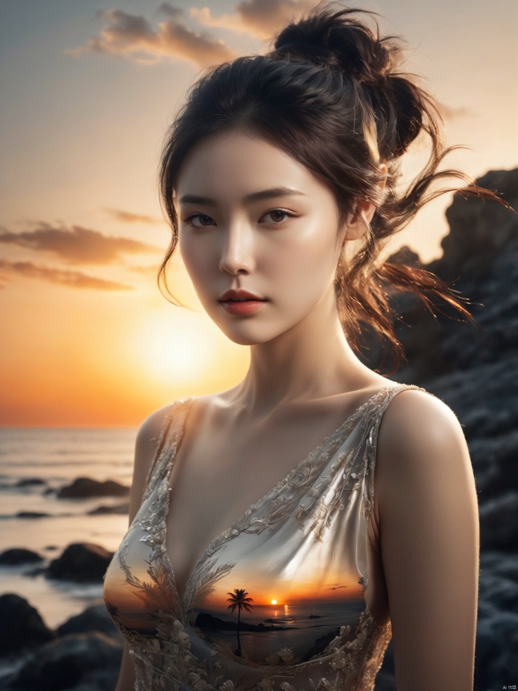  High quality, 8K Ultra HD, (A beautiful double exposure:1.36), that combines an goddess silhouette with sunset coast, sunset coast should serve as the underlying backdrop, with its details incorporated into the goddess , crisp lines, The background is monochrome, sharp focus, double exposure, awesome full color