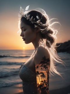  High quality, 8K Ultra HD, (A beautiful double exposure:1.36), that combines an goddess silhouette with sunset coast, sunset coast should serve as the underlying backdrop, with its details incorporated into the goddess , crisp lines, The background is monochrome, sharp focus, double exposure, awesome full color