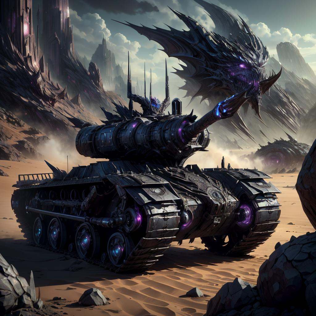 <lora:DraconicTech-15:0.8> draconictech, scifi,obsidian , iridescent,   <lora:add_detail:0.5>war ****, outdoors, in a desert, cannons