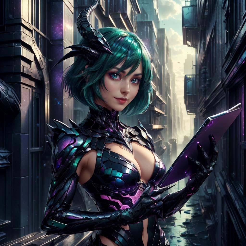 <lora:DraconicTech-15:0.8> draconictech, scifi,obsidian , iridescent,   <lora:add_detail:0.5>closeup, small breasts, seductive smile, best quality, bob cut, red eyes, green hair,multicolored hair, aqua hair, 1girl, standing in a scifi city, holding a tablet