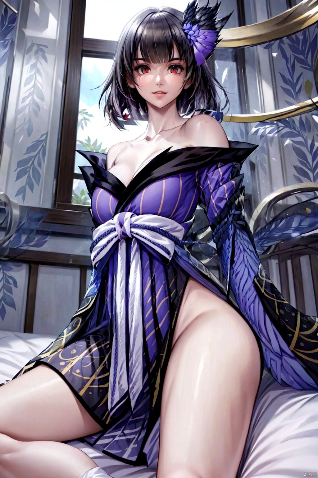 ((masterpiece)), (((best quality))), ((ultra-detailed)), (highly detailed), extremely detail description, ultra-fine painting, ((illustration)), professional, vivid colors, highres, sharp focus, cowboy shot, front view, straight-on, fcPortrait, yijinzhentian, 1girl, solo, mature female, milf, slut, looking at viewer, smile, seductive smile, sexy pose, sexually suggestive, sitting, sit on bed, spread legs, grey hair, hair ornament, long hair, light purple hair, bell, bangs, red eyes, beautiful detailed eyes, light red eyes, bare shoulders, collarbone, breasts, cleavage, japanese clothes, kimono, (arm wing), feathers, perfect female body, neat figure, slender waist, wide hips, slim legs, socks, indoors, bedroom, japanese bedroom, east asian architecture,,