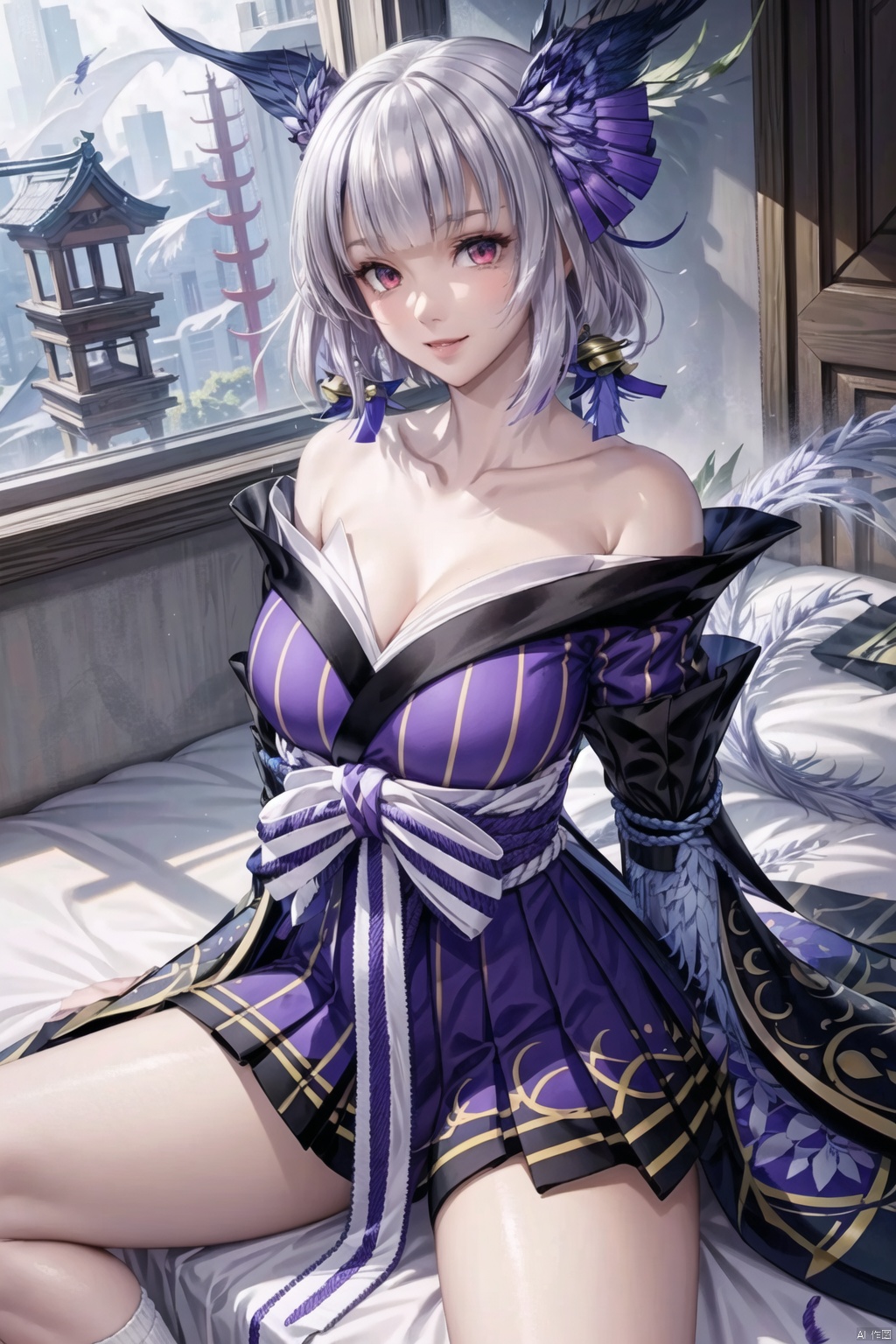 ((masterpiece)), (((best quality))), ((ultra-detailed)), (highly detailed), extremely detail description, ultra-fine painting, ((illustration)), professional, vivid colors, highres, sharp focus, cowboy shot, front view, straight-on, fcPortrait, yijinzhentian, 1girl, solo, mature female, milf, slut, looking at viewer, smile, seductive smile, sexy pose, sexually suggestive, sitting, sit on bed, spread legs, grey hair, hair ornament, long hair, light purple hair, bell, bangs, red eyes, beautiful detailed eyes, light red eyes, bare shoulders, collarbone, breasts, cleavage, japanese clothes, kimono, (arm wing), feathers, perfect female body, neat figure, slender waist, wide hips, slim legs, socks, indoors, bedroom, japanese bedroom, east asian architecture,,