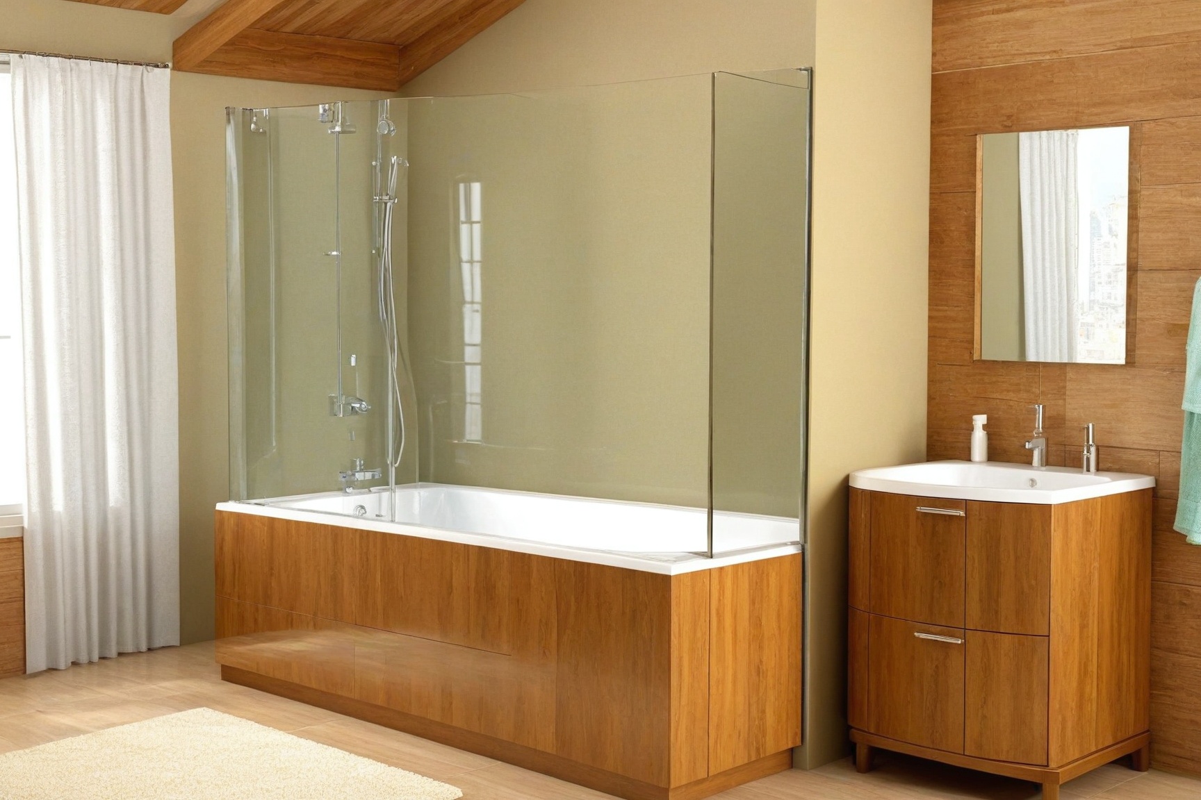 ((Hyper-Realistic)) photo of modern luxurious bathroom in a cabin,  indoors,  glass shower booth at corner on Tensor.Art
