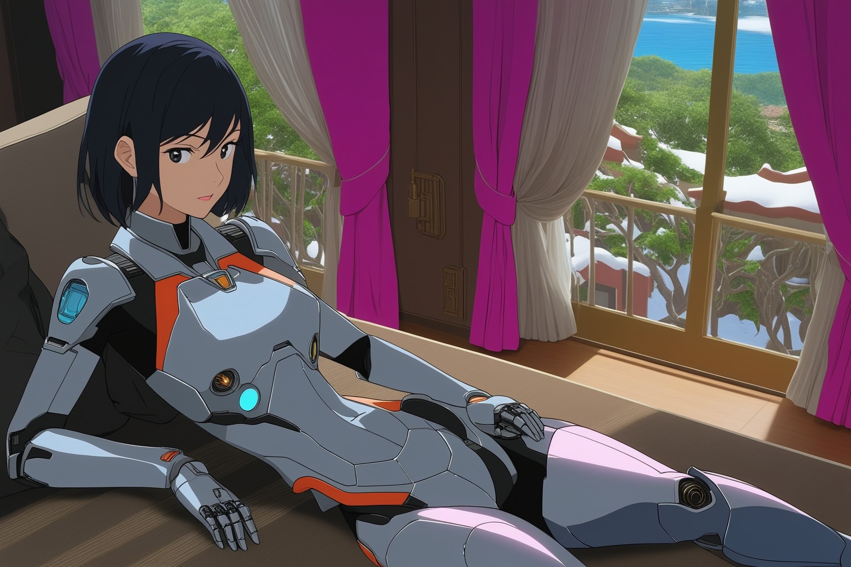 Highly detailed anime of a cyborg girl sitting in the livingroom of a resort house,  20yo,  kirishima touka on Tensor.Art