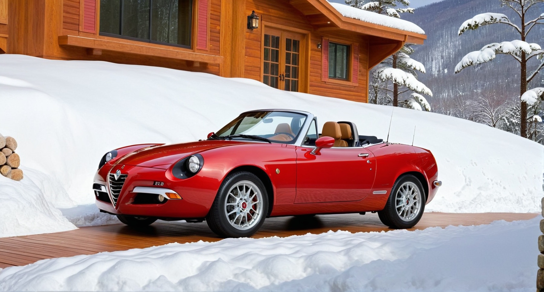 CAR: ((Hyper-Realistic)) photo of a red Alfa Romeo Spider parked on the backdrop of resort cabin,  (2007 Alfa Romeo Spider...