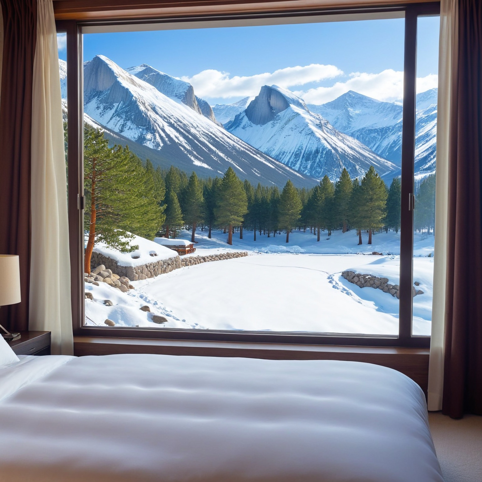 ((Hyper-Realistic)) photo of a bedroom of winter resort,  indoors,  bed on Tensor.Art