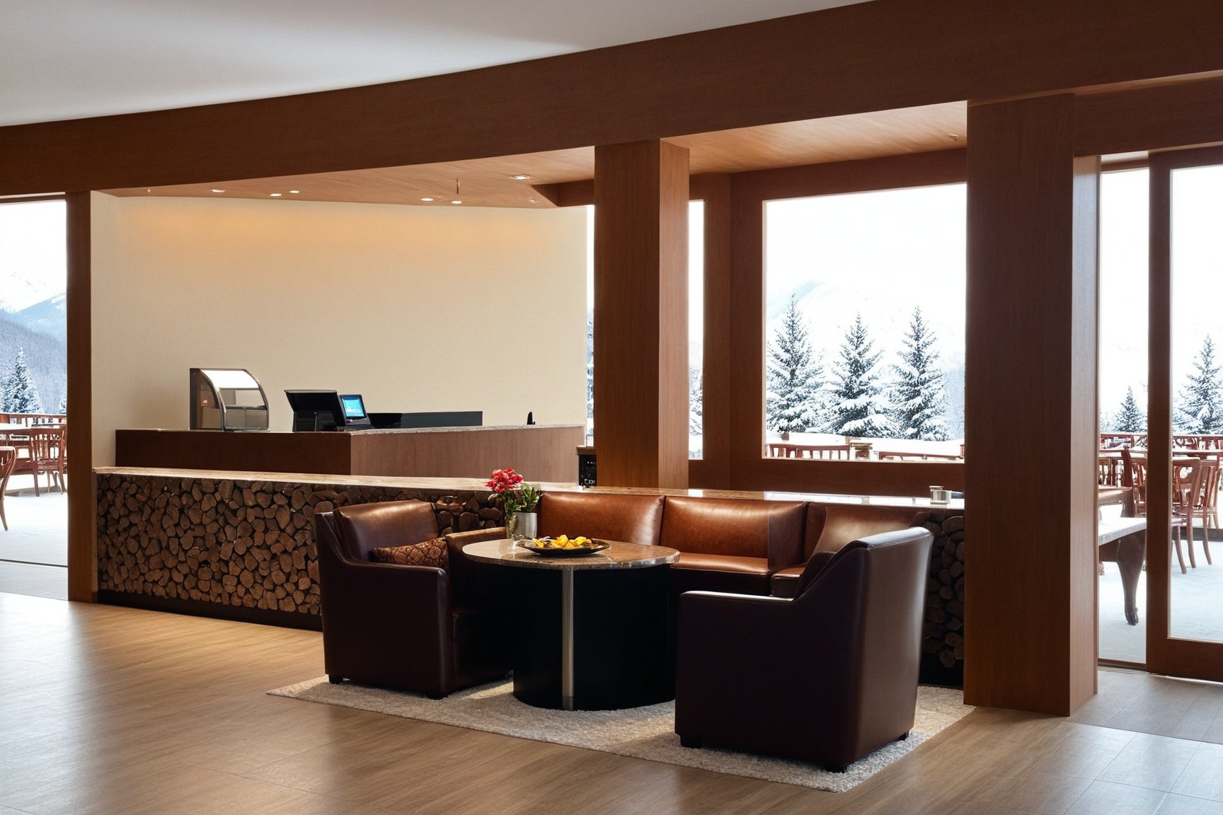 ((Hyper-Realistic)) photo of a lobby of winter resort center,  indoors,  registration counter on Tensor.Art