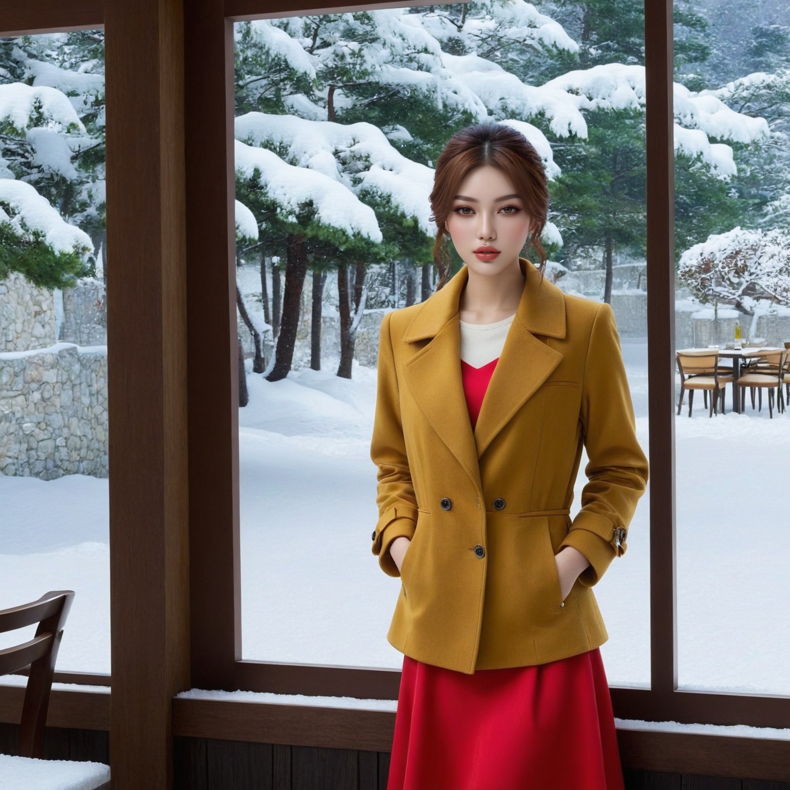 ((Hyper-Realistic)) photo of a beautiful girl standing in restaurant of resort center,  indoors,  20yo on Tensor.Art