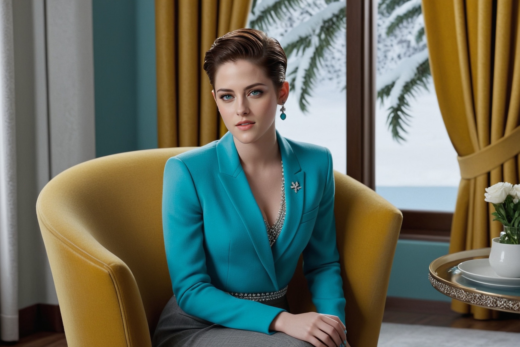 Highly-detailed beautiful girl sitting in livingroom of Winter resort,  20yo,  kristen stewart on Tensor.Art