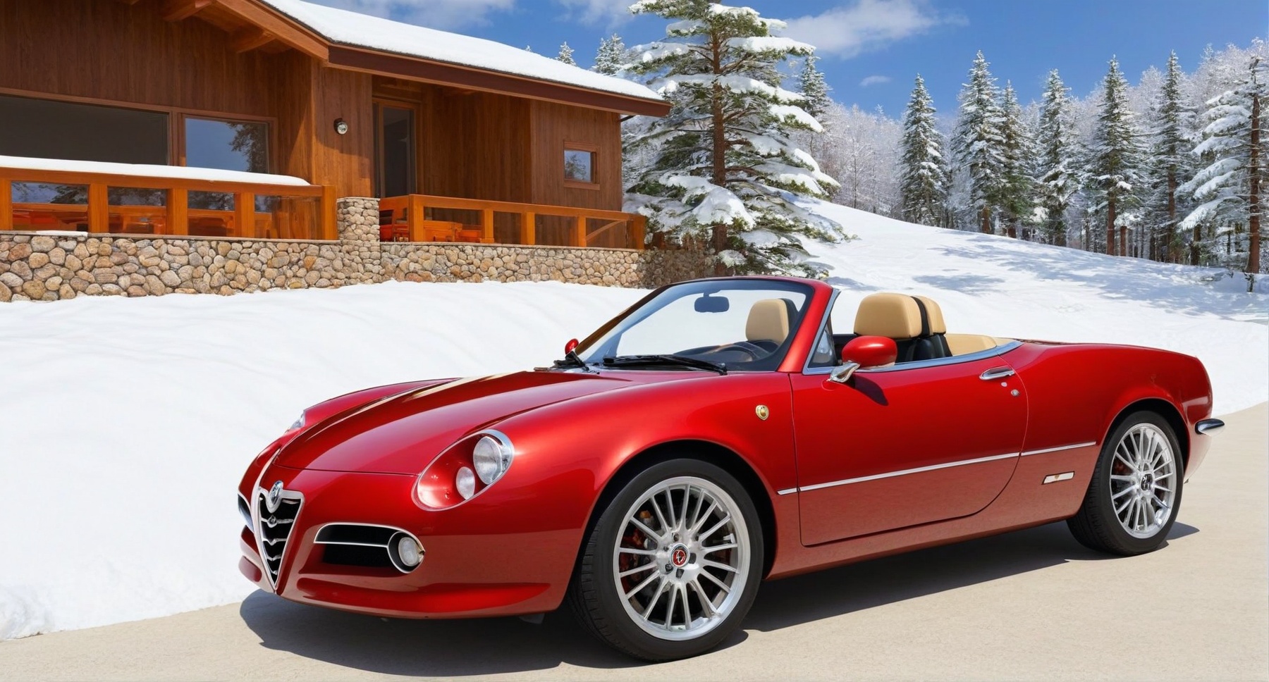 CAR: ((Hyper-Realistic)) photo of a red Alfa Romeo Spider parked on the backdrop of resort cabin,  (2007 Alfa Romeo Spider...