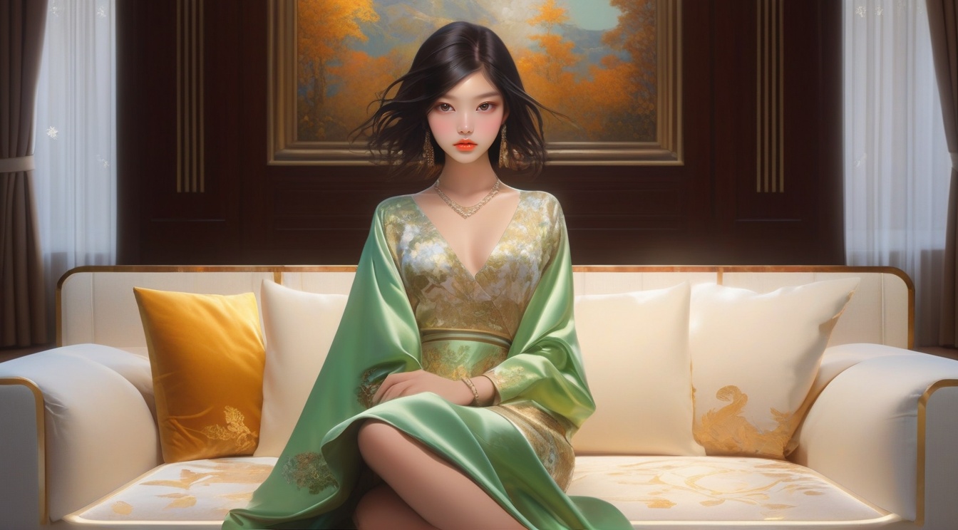 ((Hyper-Realistic)) photo of a beautiful girl sitting in luxurious modern livingroom in a cabin of winter resort,  indoors...