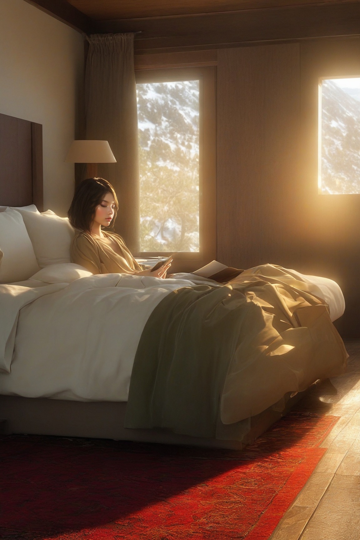 ((Hyper-Realistic)) photo of a beautiful girl sitting in bedroom in a cabin,  indoors,  reading a book on Tensor.Art