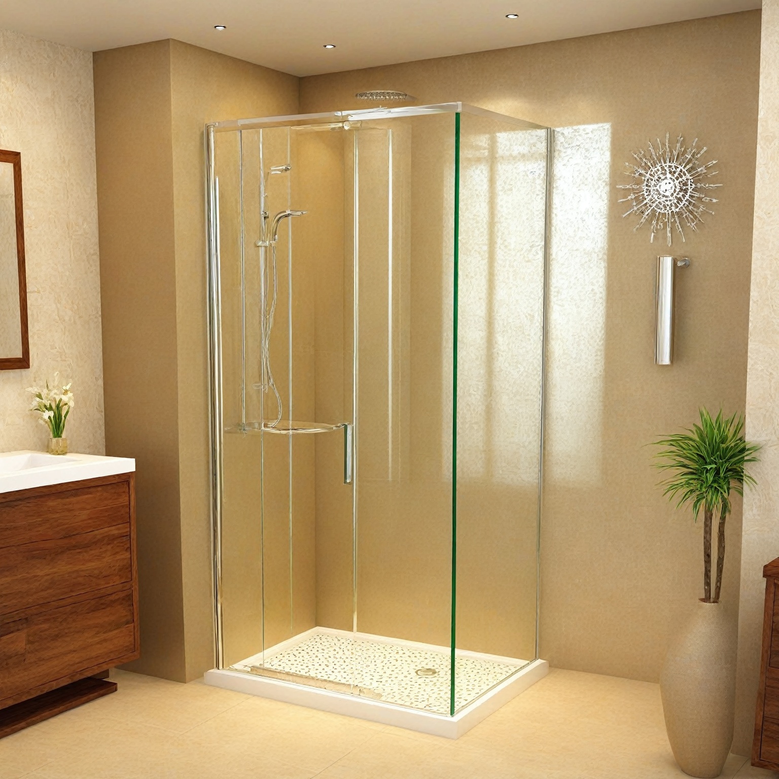 ((Hyper-Realistic)) photo of modern luxurious bathroom in a cabin,  indoors,  glass shower booth at corner on Tensor.Art