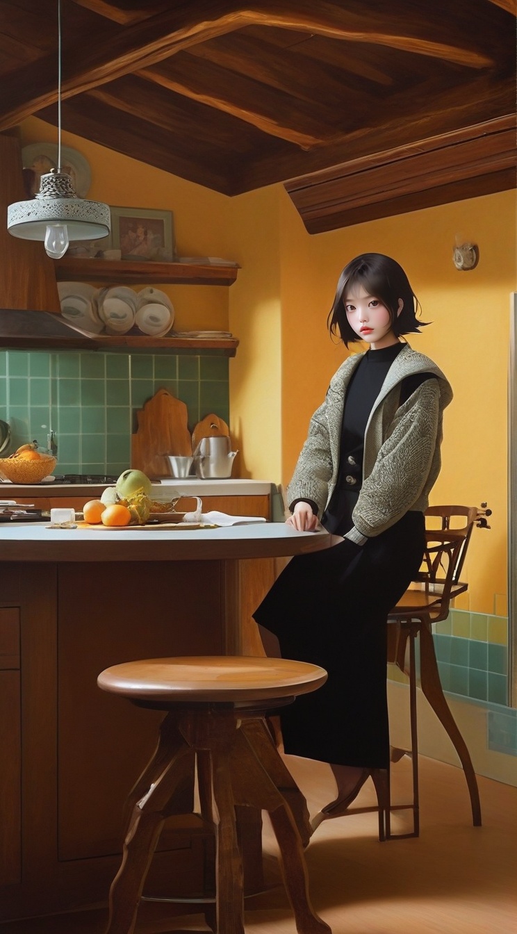 ((Hyper-Realistic)) photo of a beautiful girl sitting in kitchen in a cabin of winter resort,  indoors,  20yo on Tensor.Art